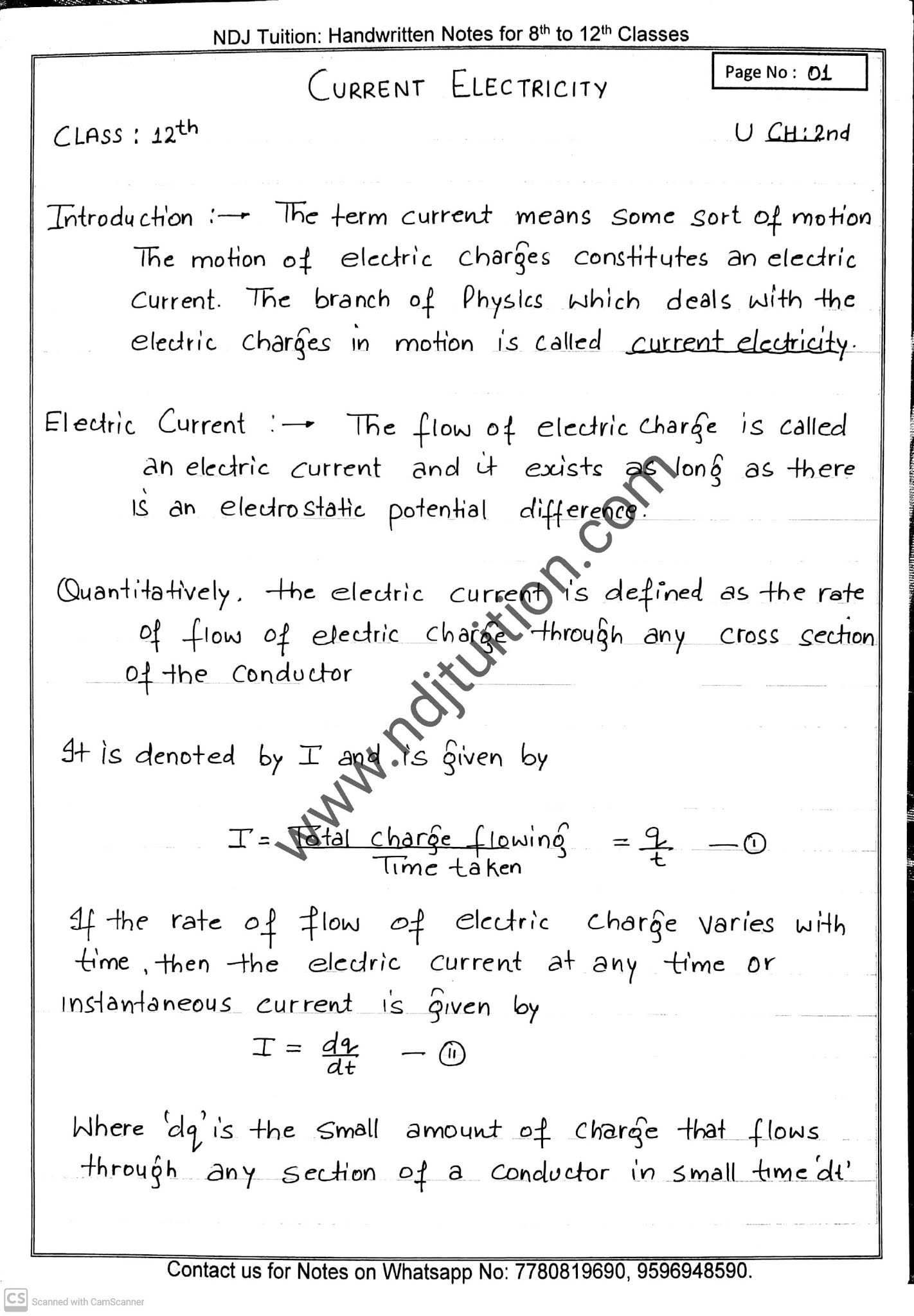 Current Electricity Class Th Handwritten Notes Cbse Ndj Tuition